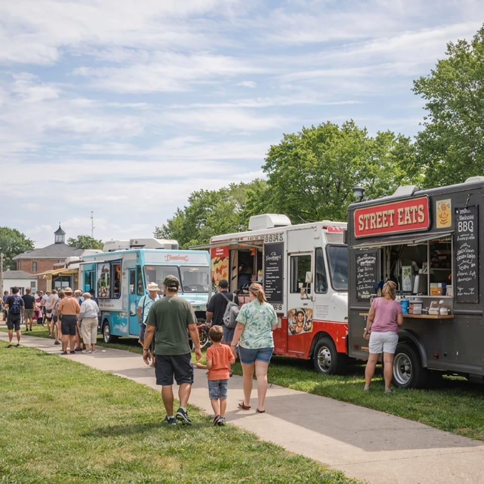 Crowds gather beside colorful food trucks at an outdoor park festival on a sunny day.