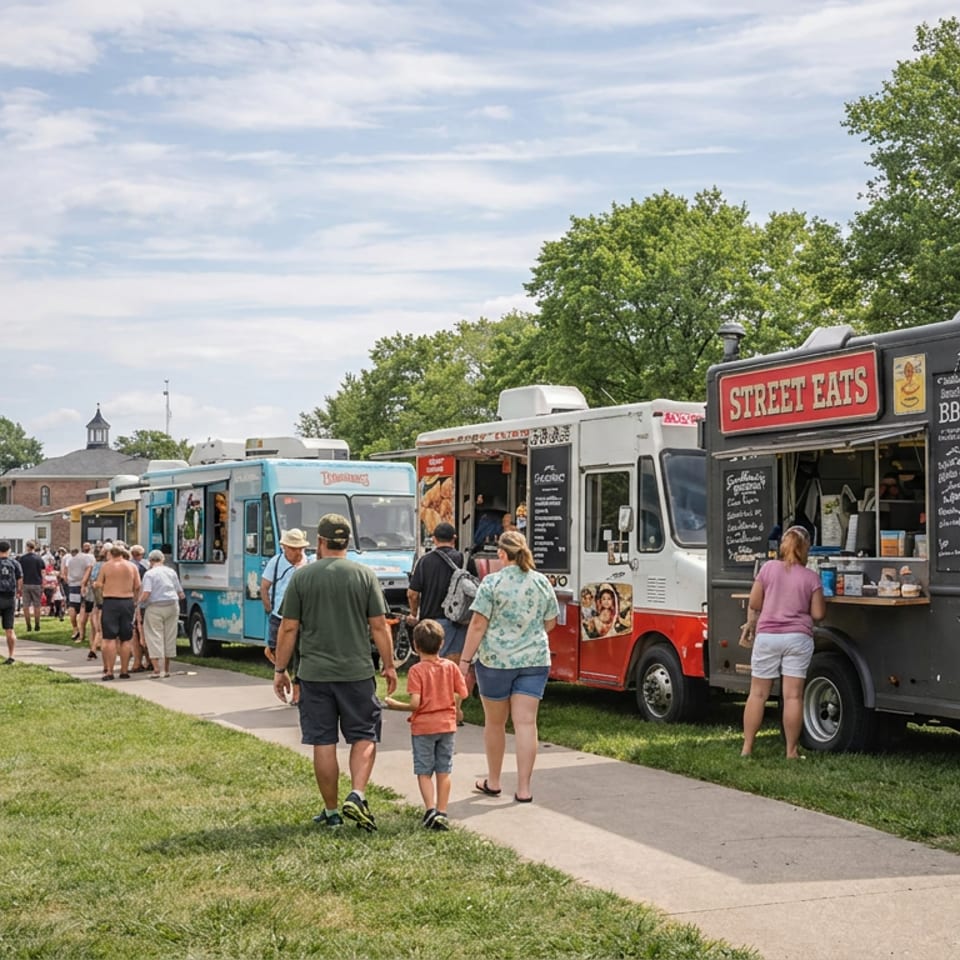 Crowds gather beside food trucks at an outdoor festival, with families walking along a grassy park path under leafy trees.