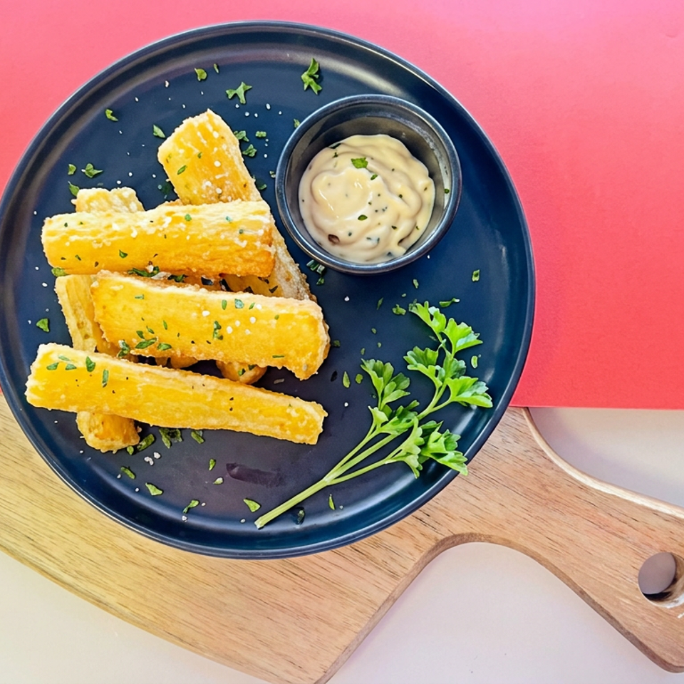 Golden fried cheese sticks garnished with parsley, served with creamy dipping sauce on a dark plate and wooden board.