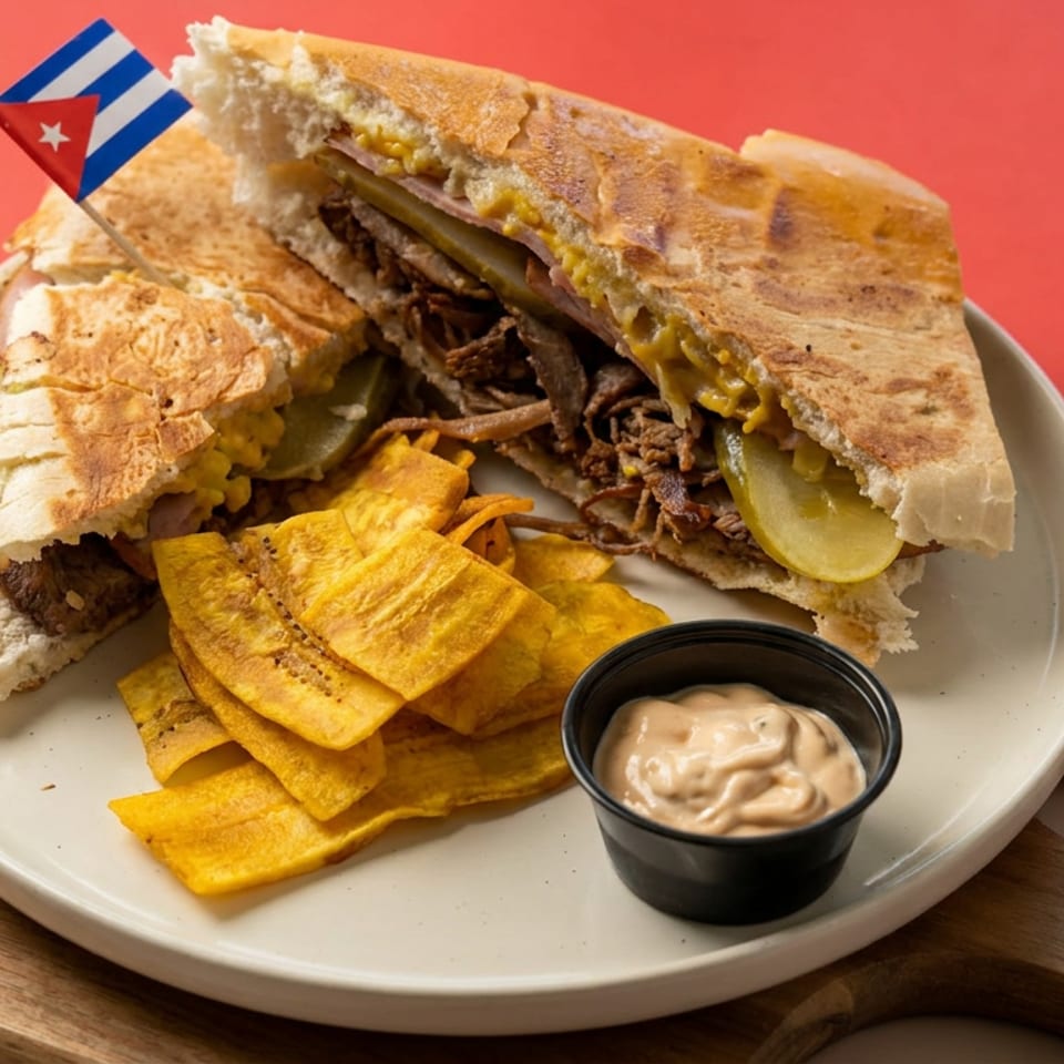 Cuban sandwich with sliced pickles, crispy plantain chips, and creamy dipping sauce on a plate beside a Cuban flag.