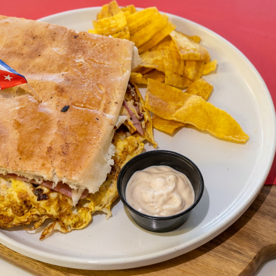 Cuban sandwich with egg, ham, and cheese served with plantain chips and dipping sauce on a white plate.
